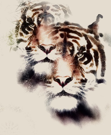 painting of a bright mighty tiger head on ornamental background. computer collage. vintage variantの写真素材