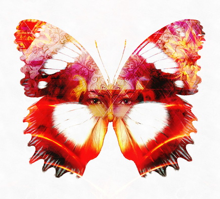 Beautiful Goddness women and color butterfly, mixed media, abstract color background, on white backgroundの写真素材