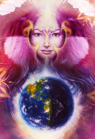 Beautiful Painting Goddess Woman with ornamental mandala and color abstract background  and desert crackle and earthの写真素材