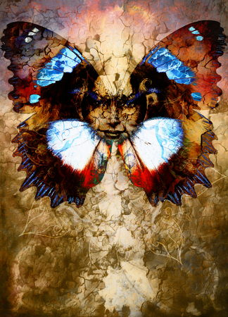 Beautiful Painting Goddess Woman with ornamental mandala and color abstract background and bird tattoo on faceの写真素材