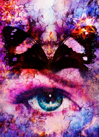 Beautiful Goddness women and color butterfly, mixed media, abstract color backgroundの写真素材