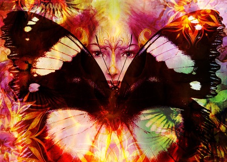 Beautiful Painting Goddess Woman with bird phoenix on your face with ornamental mandala and butterfly wings and color abstract background  and eye contactの写真素材