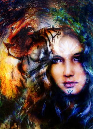 woman goddess holding a sourceful of a white light and  lion head. abstract background with spotsの写真素材
