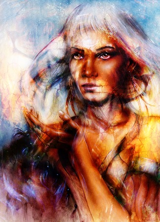 painting mighty lion head and mystic woman face, computer collageの写真素材