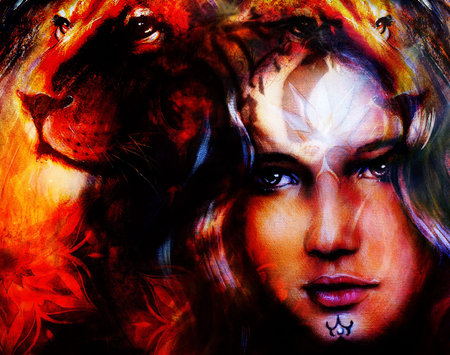 painting mighty lion head on ornamental background and mystic woman face, computer collageの写真素材