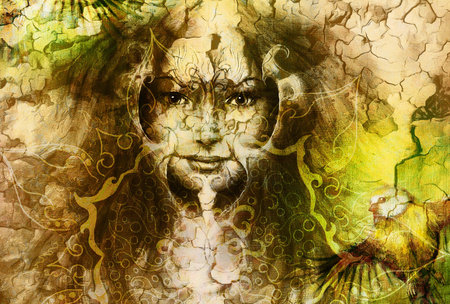 beautiful illustration women and mandala, with birds on multicolor background eye contact. titmouse birdの写真素材