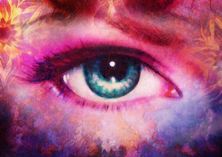 Blue goddess women eye, multicolor background with oriental mandala ornament. eye contactの写真素材