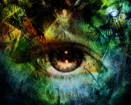 beautiful illustration women eye , with birds on multicolor background eye contactの写真素材