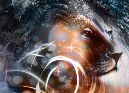 lion head with a majestically peaceful expression, light effect. profile portraitの写真素材