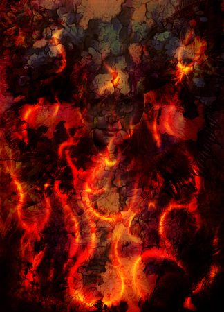 Fire flames background and woman face, LAVA structure. Computer collage. Earth Conceptの写真素材