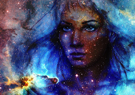 Beautiful Painting Goddess Woman and  Color space background with stars