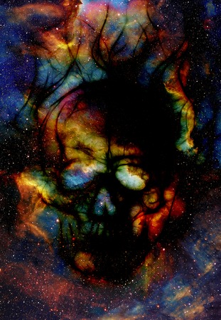 Skull and fractal effect. Color space background, computer collage. Elements of this image furnished by NASAの写真素材