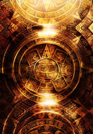 Ancient Mayan Calendar, abstract color Background, computer collageの写真素材