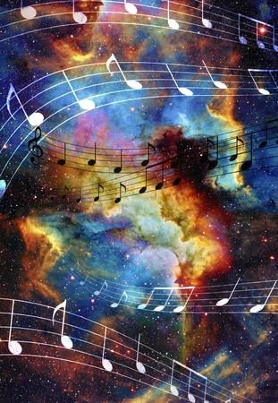music note and Space and stars with abstrtact color backgroundの写真素材
