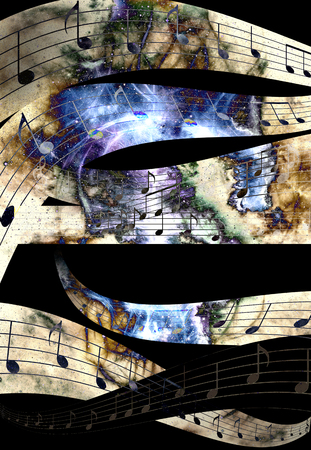 music note and Space and stars with abstrtact color backgroundの写真素材
