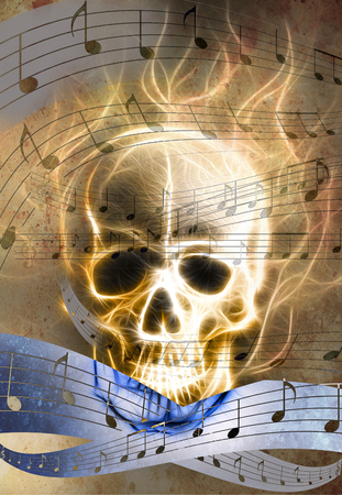 Skull and music note.  Skull in fire flames. Color abstract background, computer collageの写真素材