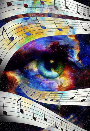 Woman Eye and music note and cosmic space with stars. abstract color background, eye contactの写真素材