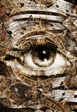 Ancient Mayan Calendar and woman eye with  Music note, abstract color Background, computer collage