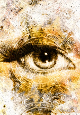 Ancient Mayan Calendar and woman eye,  abstract color Background, computer collageの写真素材
