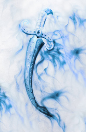 Ornamental Sword in fire with spots, Original painting and computer collage