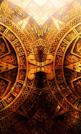 Ancient Mayan Calendar, abstract color Background, computer collageの写真素材