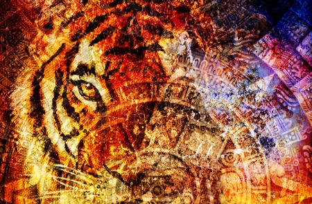 Ancient Mayan Calendar and Tiger head, abstract color Background, computer collage, Eye contactの写真素材