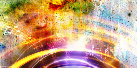 Audio music Speaker and note. Cosmic space and stars, abstract cosmic  backgroundの写真素材