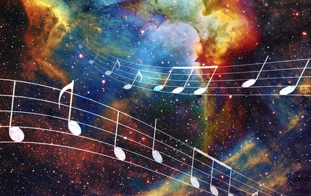 music note and Space and stars with abstrtact color backgroundの写真素材