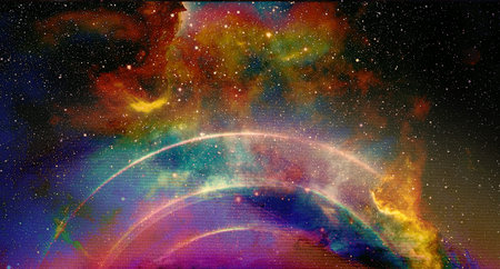 Cosmic space and stars with light circle, color cosmic abstract backgroundの写真素材