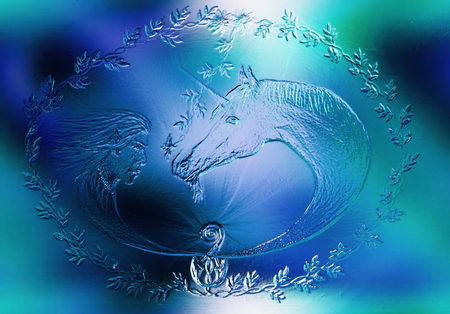 Elf and unicorn with beautiful flower. Draw on vintage paper. Profile portrait. Glass and ice structure, blue colorの写真素材