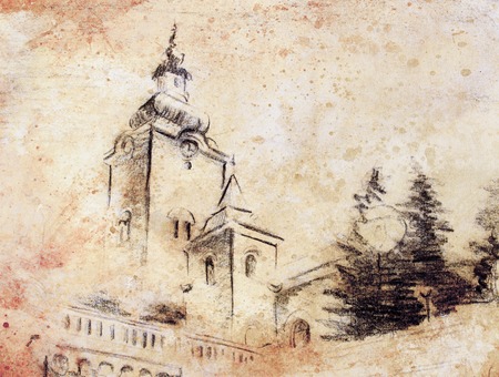pencil sketch church, drawing on vintage paperの写真素材