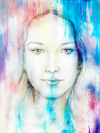 Drawing portrait Young woman with ornament on face, color painting on abstract background, computer collage. Eye contactの写真素材