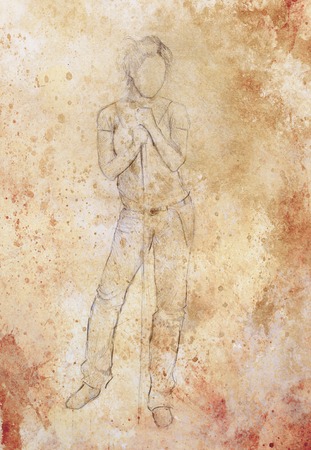 Standing figure woman leaning on a stick, pencil sketch on paperの写真素材