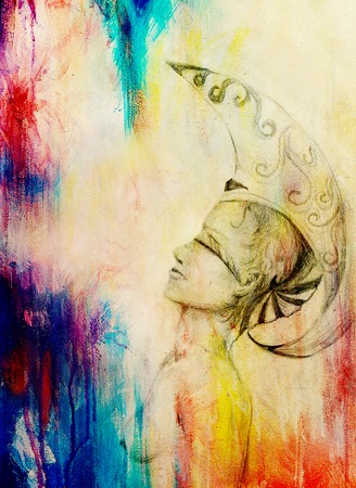 Drawing sexy Young woman with ornament on face and Headband.  And color spots on backgroundの写真素材
