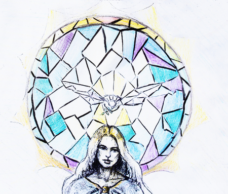 beautiful woman in histori dress and dove, and color mosaic on background. Drawing on paperの写真素材