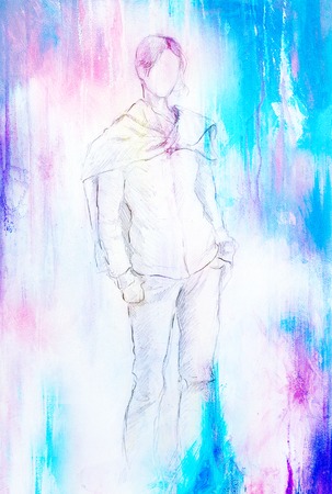 Standing figure woman, pencil sketch on paper. Watercolor backgroundの写真素材