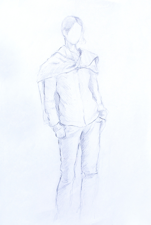 Standing figure woman, pencil sketch on paperの写真素材