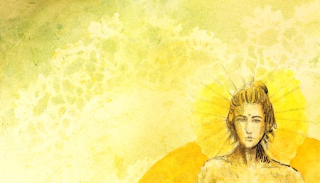 sketch of mystical woman  in beautiful ornamental dress  inspired by middle age design, with ornamental pattern on backgroundの写真素材