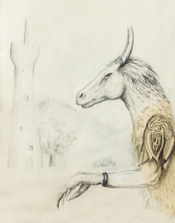 pencil drawing dragon on old paper backgroundの写真素材