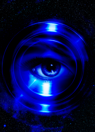Woman eye and cosmic space, with light circleの写真素材