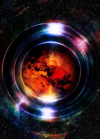 Planet earth in light circle with light triangle structure. Cosmic Space background. Computer collage. Earth concept. Elements of this image furnished by NASAの写真素材
