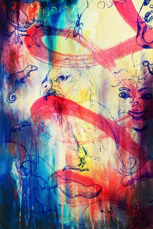 pen drawing on old paper. And color spots on background. Sketch miscellaneous objectsの写真素材