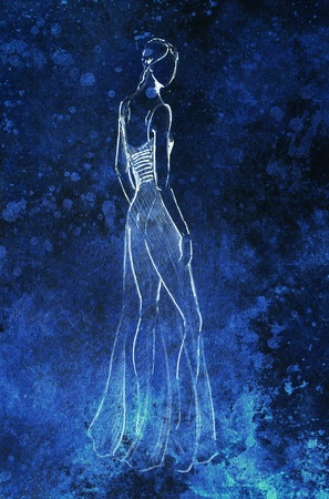 Standing figure woman, pencil sketch on paper. Black backgrounの写真素材