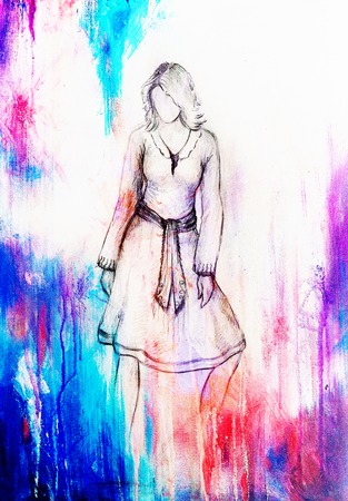 Standing figure woman, pencil sketch on paper. Watercolor backgroundの写真素材