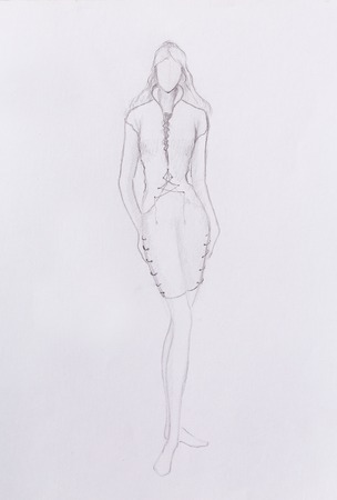 Standing figure woman, pencil sketch on paperの写真素材