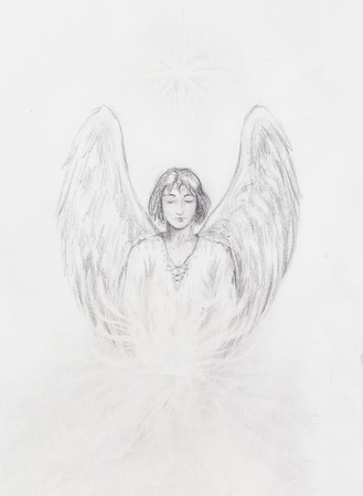 drawing of angel with beautiful wings on a paperの写真素材