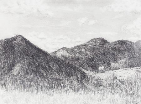 landscape painting and mountain  on old paper backgroundの写真素材