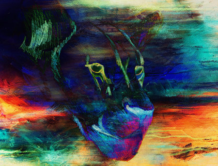 pencil drawing, Lion on old paper, vintage paper and old structure with color spotsの写真素材