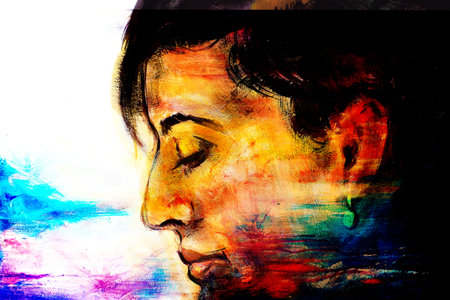 art colorful painting beautiful girl face and abstract color backgroundの写真素材