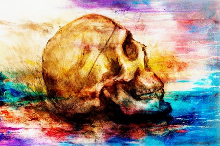 painting skull  on paper and abstract color effectの写真素材